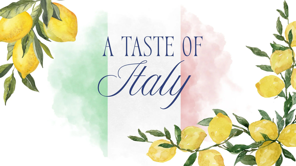 A Taste of Italy banner with lemons and Italian flag colors