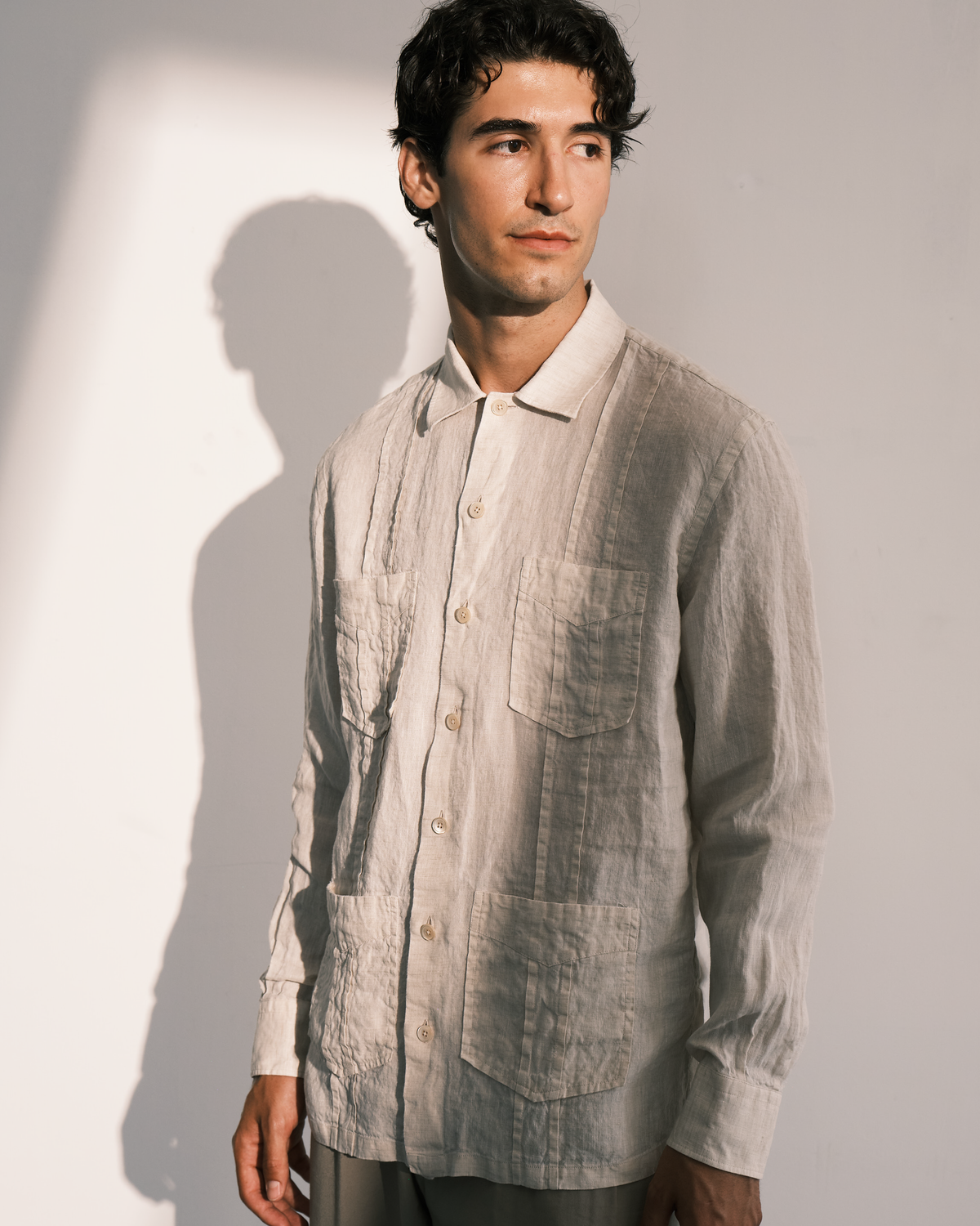 Guayabera style shirt in washed white linen