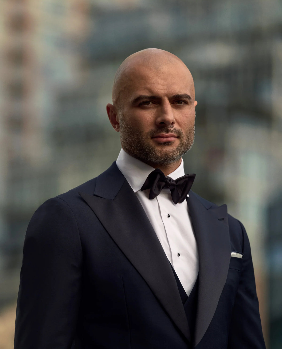 Wide peak lapel navy blue tuxedo