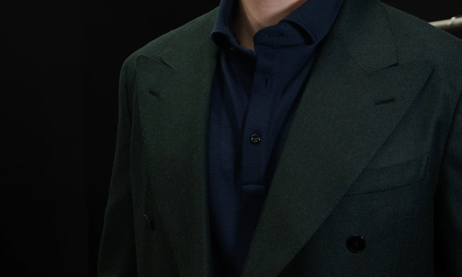 Green double-breasted Galliani jacket close-up
