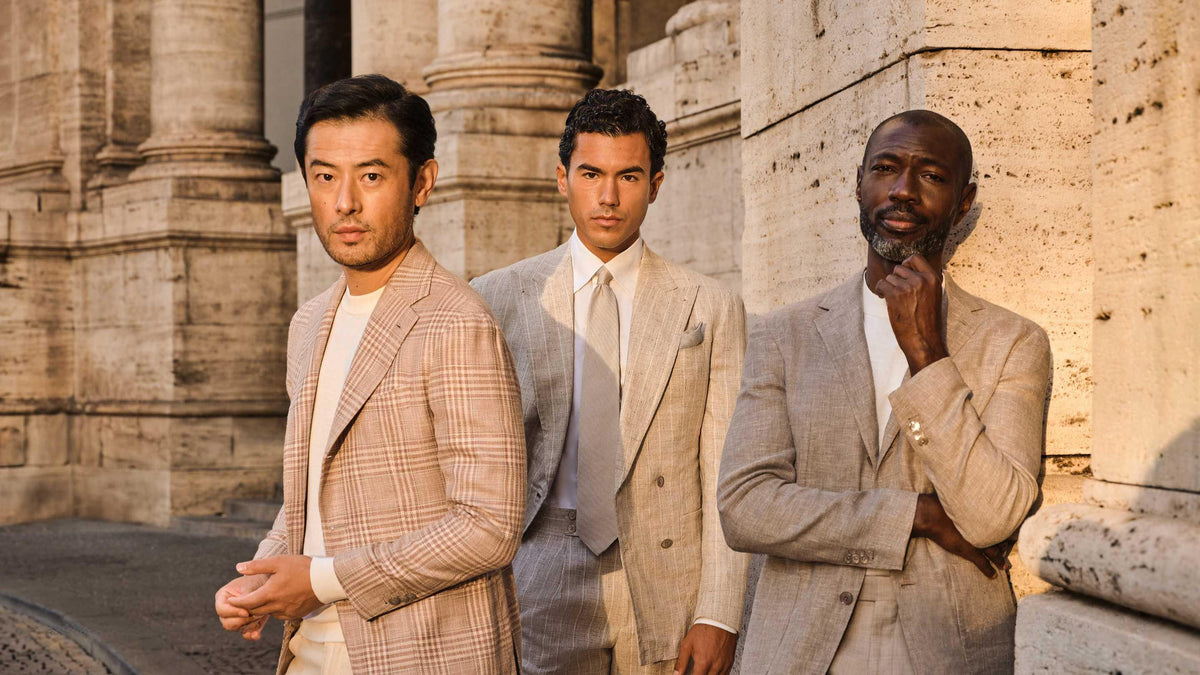 Custom made suit and jacket models. Pink plaid, beige Zegna jacket and beige pin stripe models