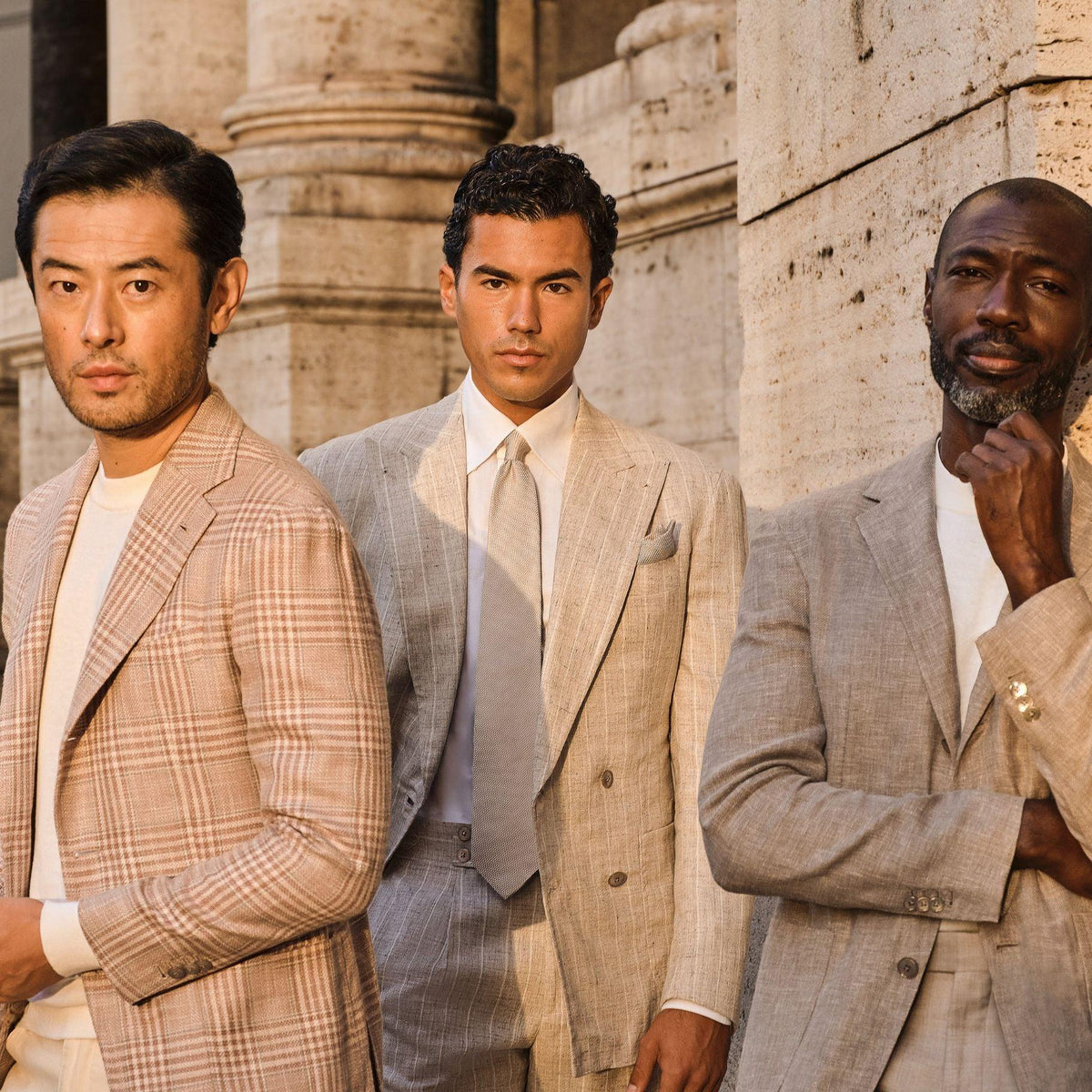 Custom made suit and jacket models. Pink plaid, beige Zegna jacket and beige pin stripe models